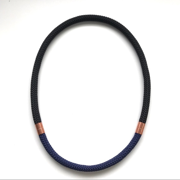 Black + navy blue statement necklace with copper pieces - Picture 1 of 4